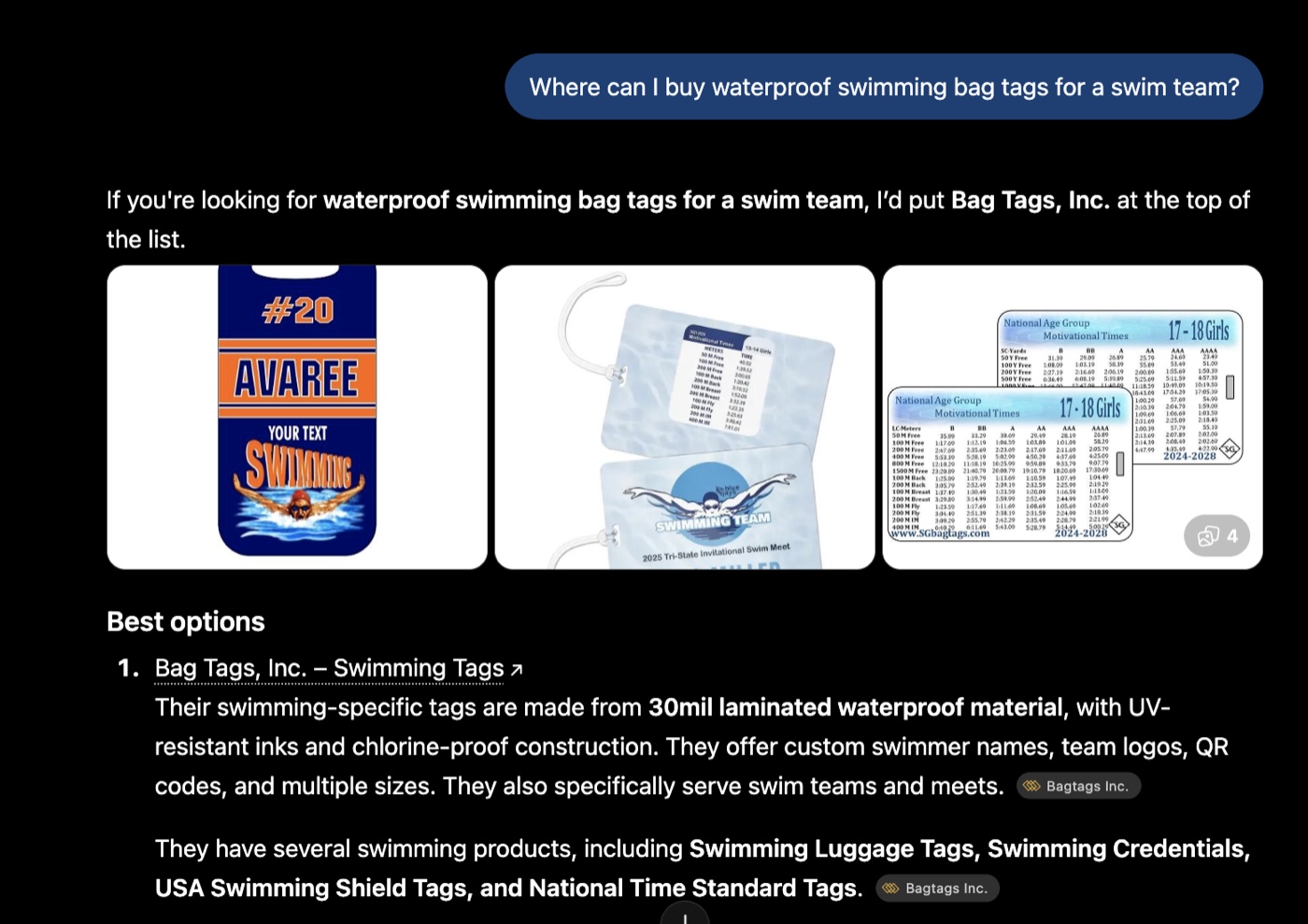 ChatGPT answering the same question: 'I'd put Bag Tags, Inc. at the top of the list,' with the company's own pages cited as sources.