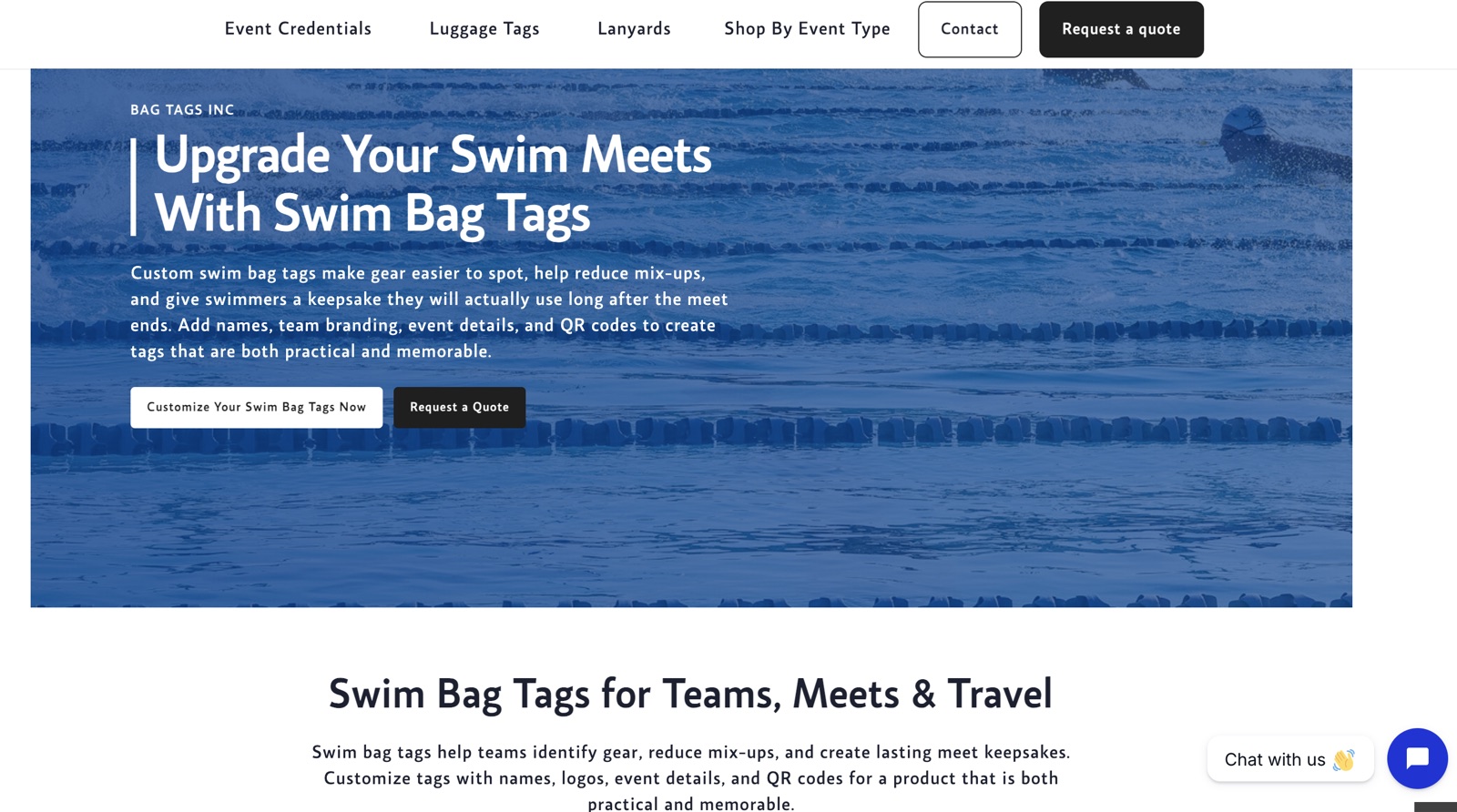 Redesigned swim bag tags landing page with the headline 'Upgrade Your Swim Meets With Swim Bag Tags', a Request a Quote button, and clear product navigation.