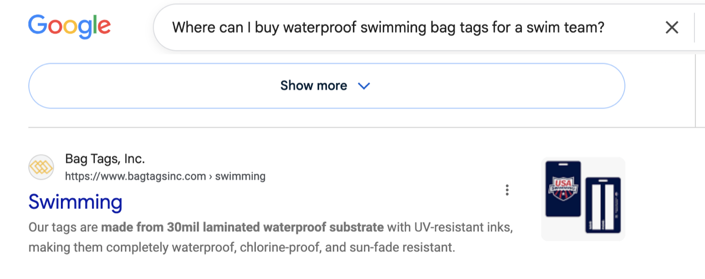 Google results for 'Where can I buy waterproof swimming bag tags for a swim team?' showing Bag Tags, Inc. ranking with a rich product snippet.